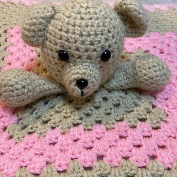 Approximately 19”x19” knitted stuffed bear/blanket - Picture 2 of 2